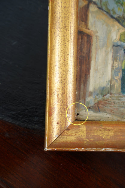 Antique Signed European Stone Gate Landscape Oil Painting