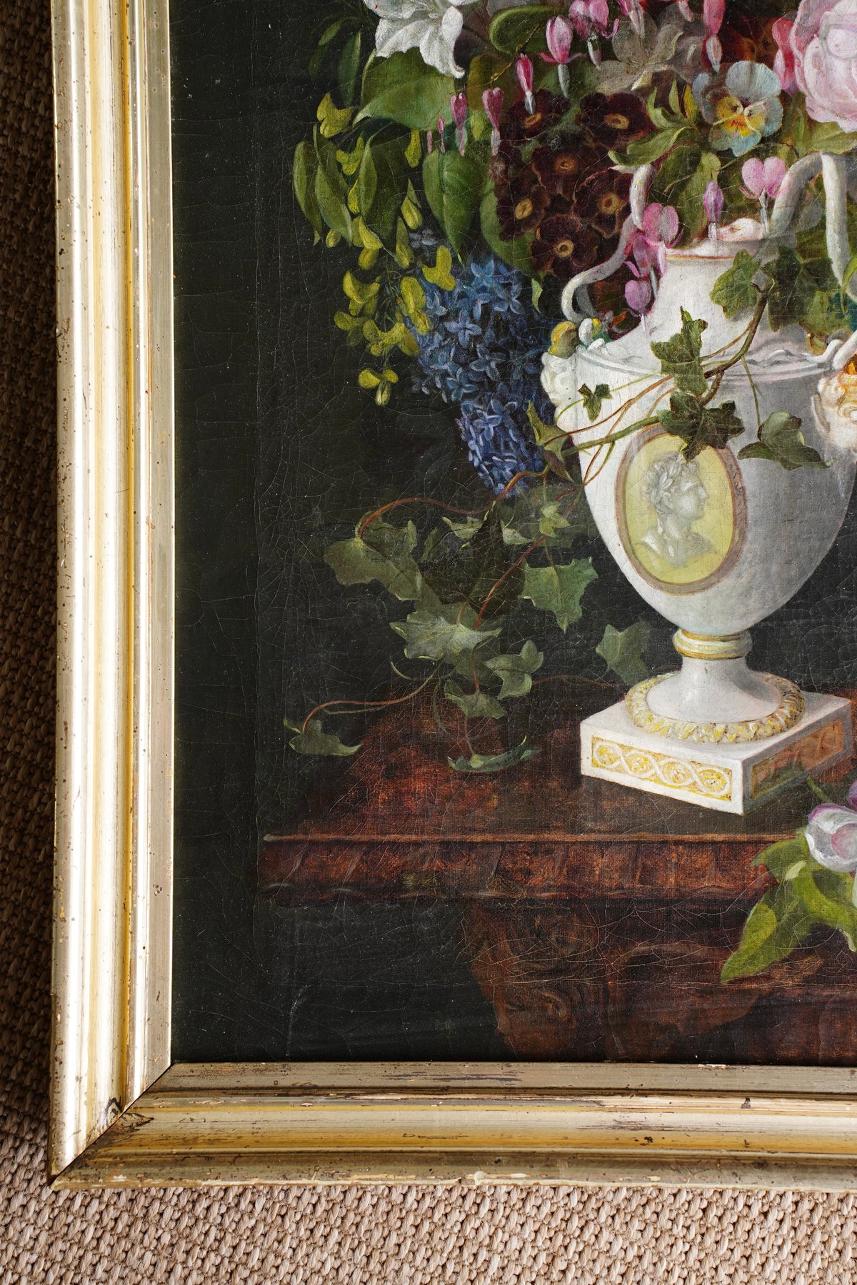 Antique Floral Still Life Oil Painting of Flowers in a Porcelain Urn