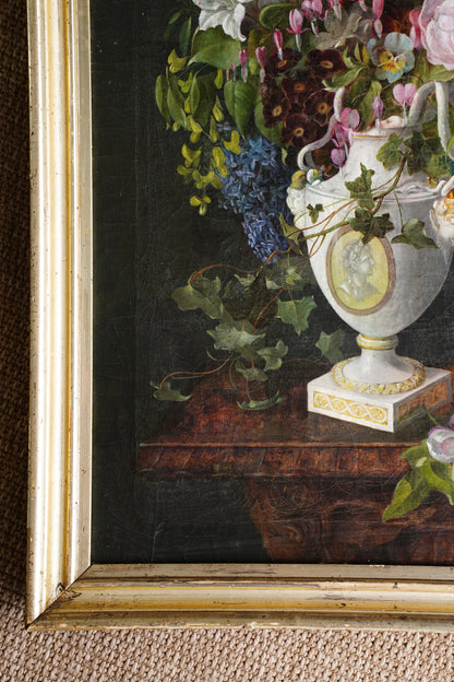 Antique Floral Still Life Oil Painting of Flowers in a Porcelain Urn