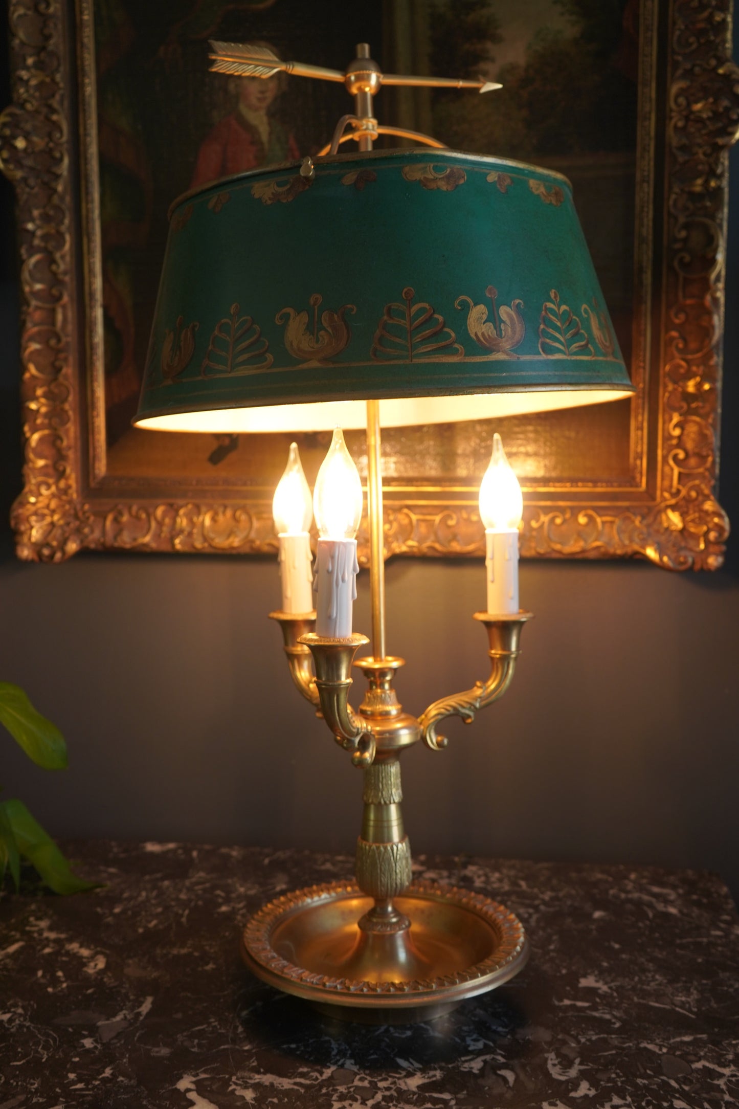 Antique French Bouillotte Lamp with Hand-Painted Tole Shade | Gilt Bronze / Brass Mix, Neoclassical, c.1920