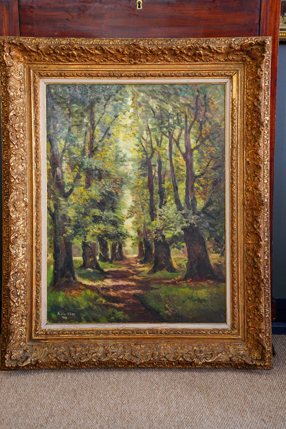 Vintage Signed Forest Path Oil Painting, Tree Lined Lane, 1949