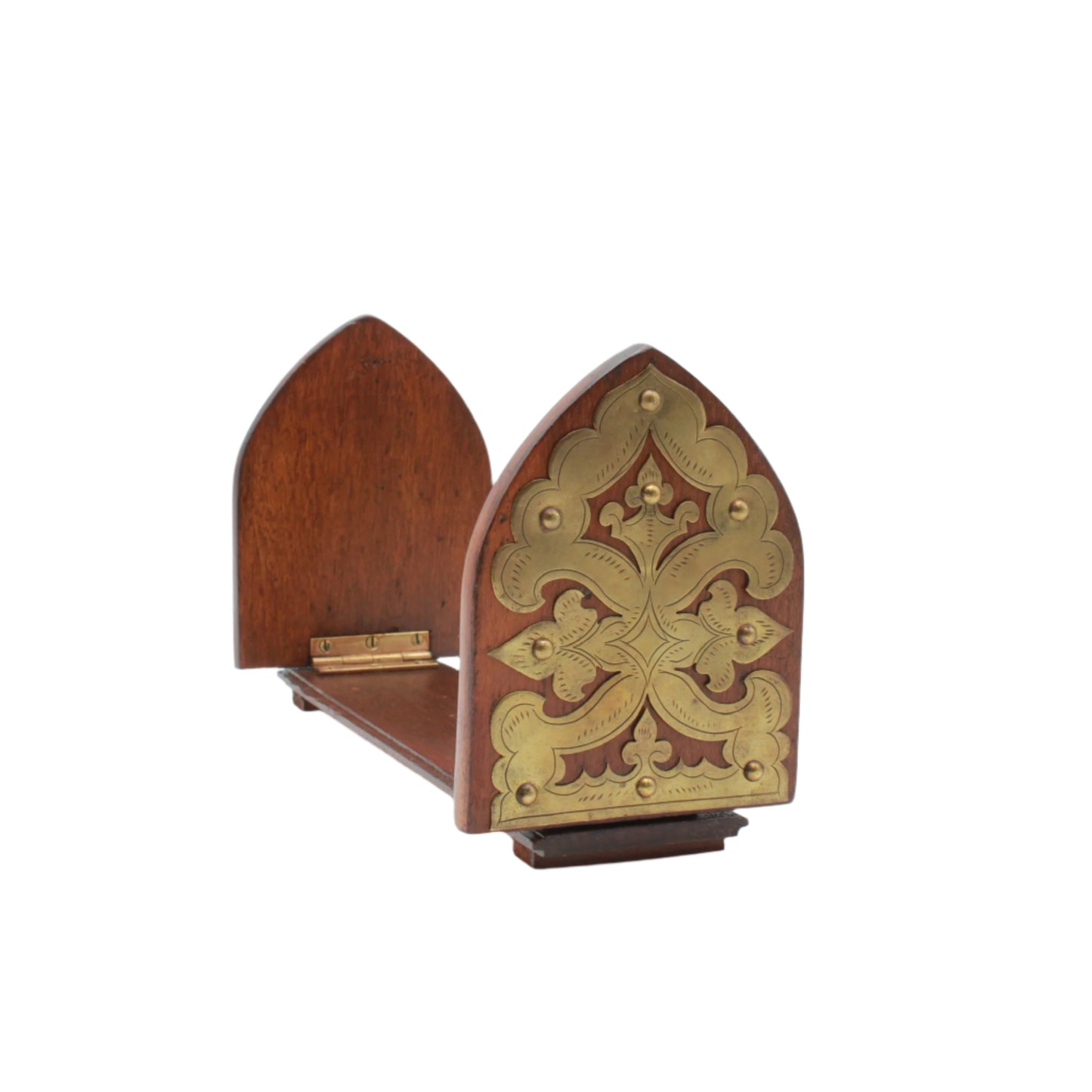 Antique Gothic Revival Folding Book Slide in Oak and Brass, c. 1890