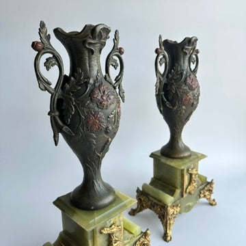 Pair of Antique French Neoclassical Spelter and Onyx Urns with Gilt Brass Accents