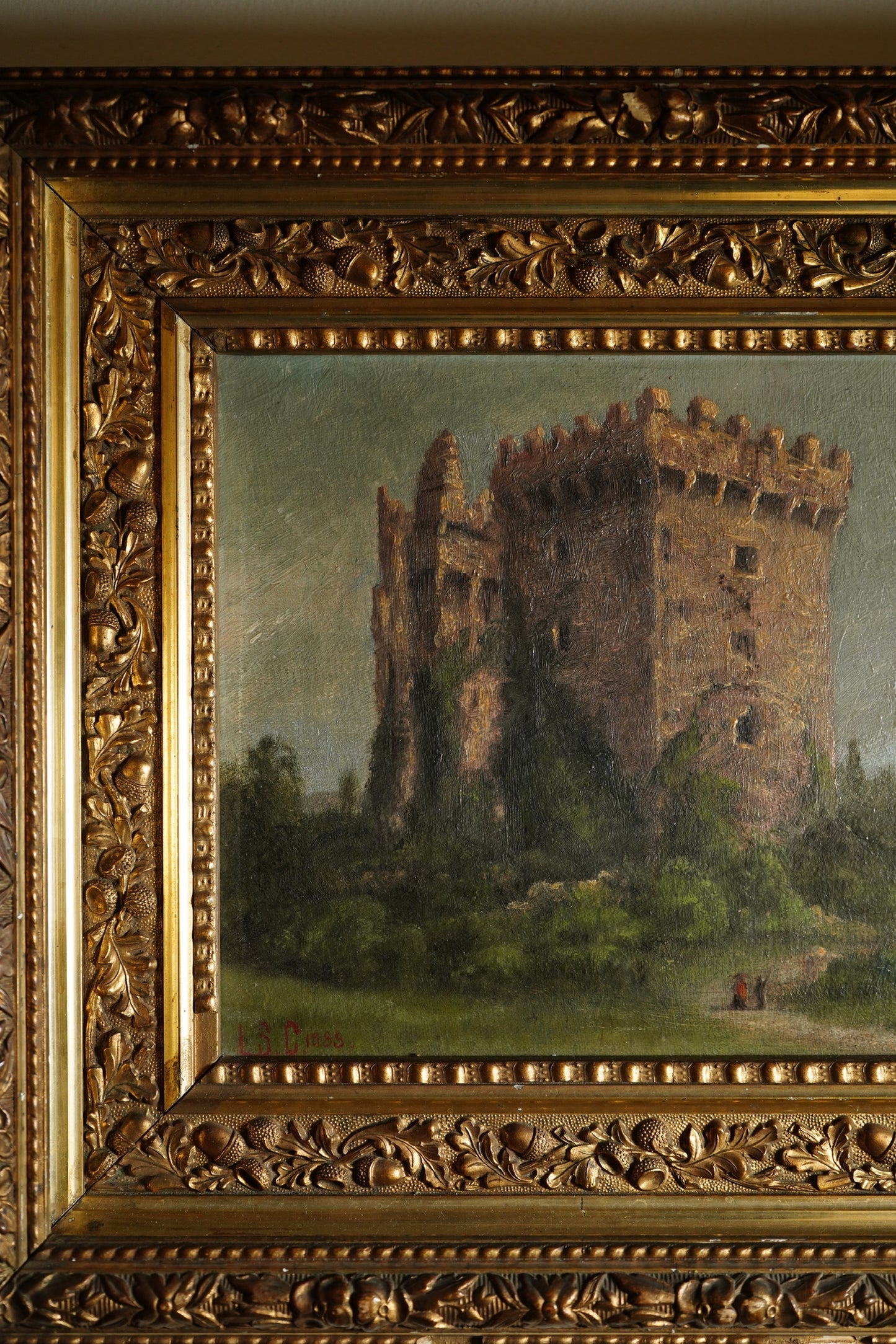 Victorian Irish Castle Ruin Oil Painting, Likely Blarney Castle, Signed L. S. C 1888, in Deep Gilt Frame