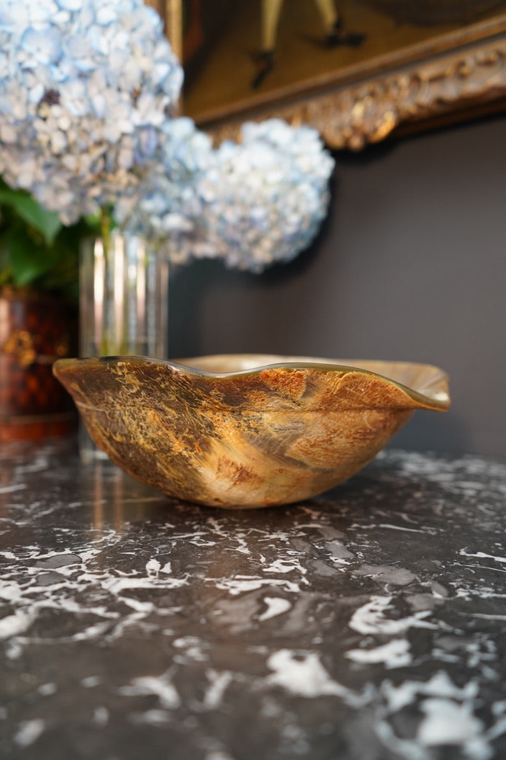 Antique Hand-Carved Horn Bowl | Natural Polished Horn Decorative Vessel