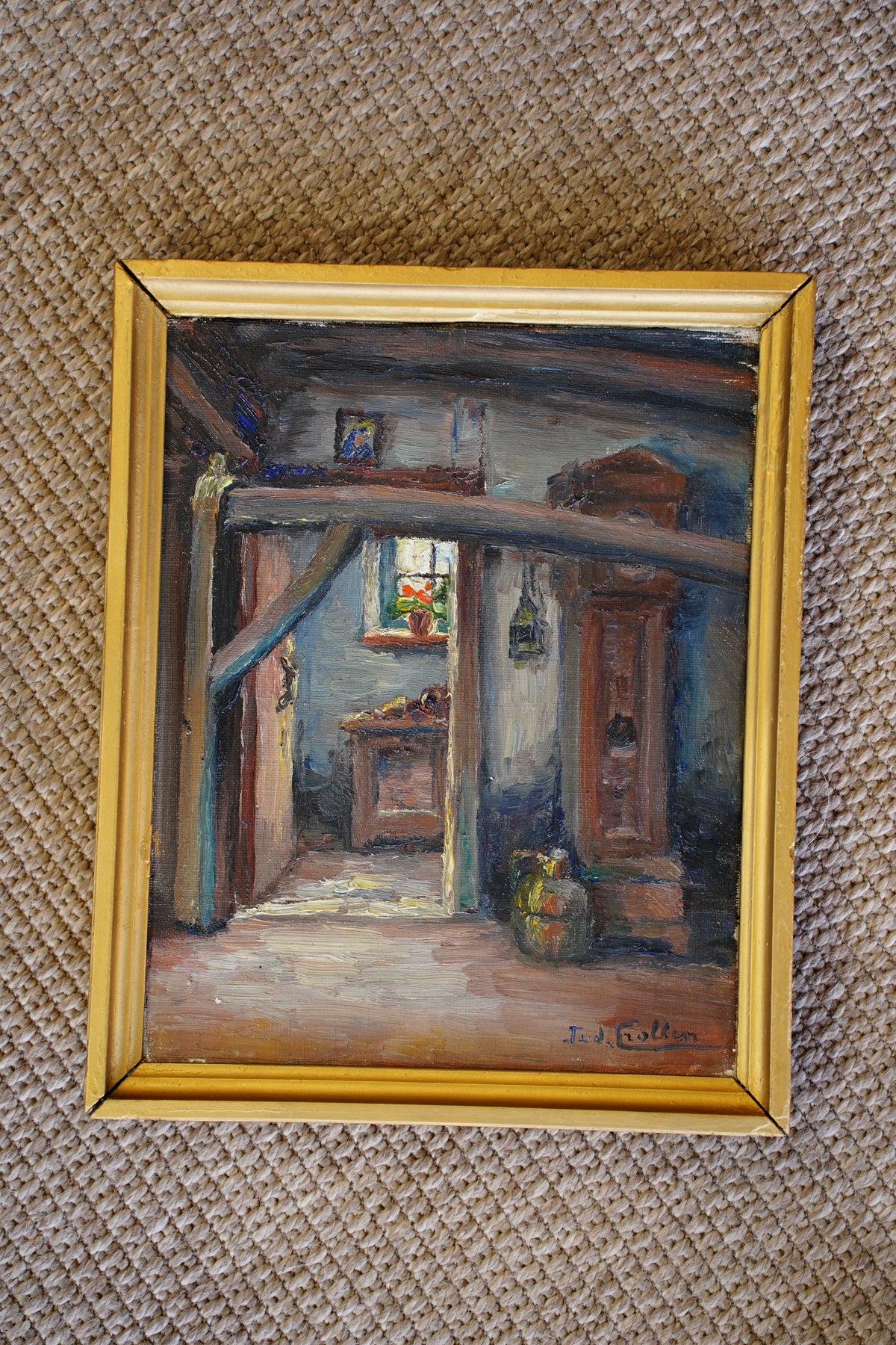 Vintage Flemish Interior Oil Painting, Cottage Doorway with Geranium