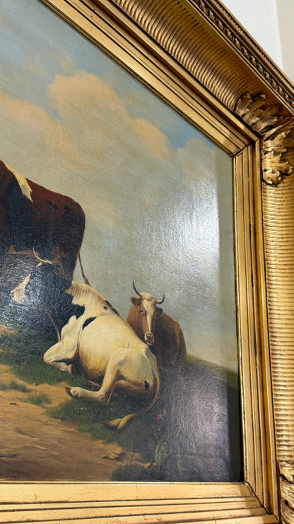Antique Signed Dutch Oil Painting of Cows and Sheep in Meadow