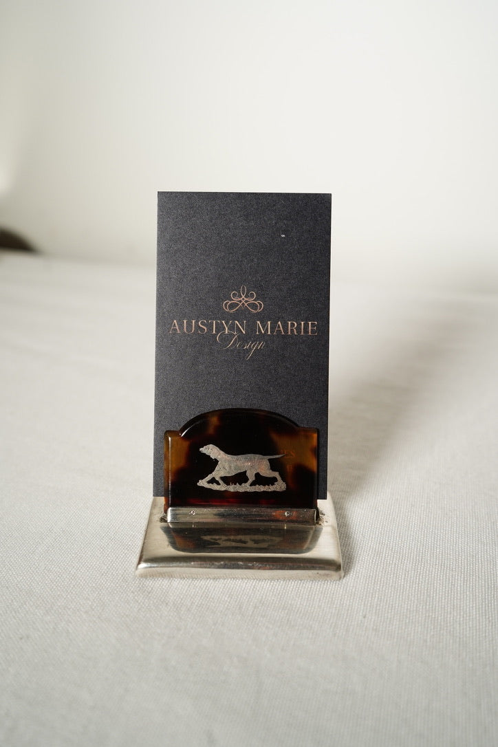 Edwardian Sterling Silver and Tortoiseshell Card or Menu Holders Pair with Boar’s Head and Sporting Dog, Birmingham c.1900