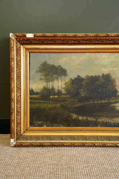 Antique European Moody River Landscape Oil Painting