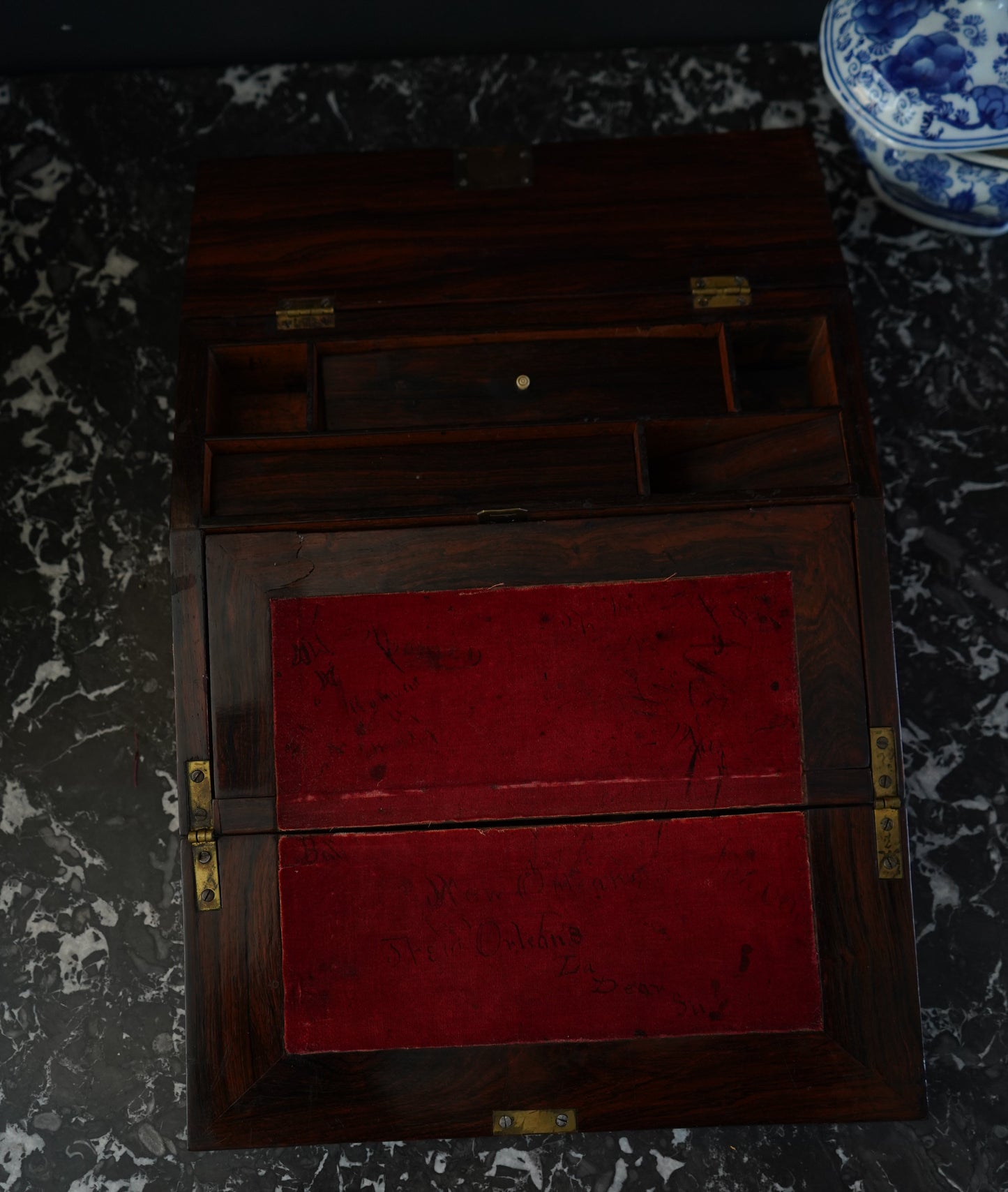 Antique Rosewood Writing Slope with Velvet Writing Surface and Inscriptions, Mid-19th Century
