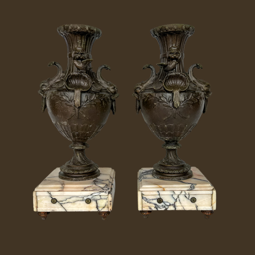 Pair of 19th Century French Napoleon III Style Spelter & Marble Urns