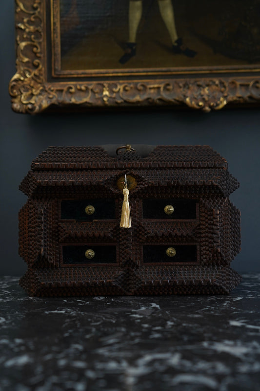 Antique Tramp Art Sewing Box with Drawers and Mirror, Hand-Carved Folk Art Keepsake Chest, Late 19th Century