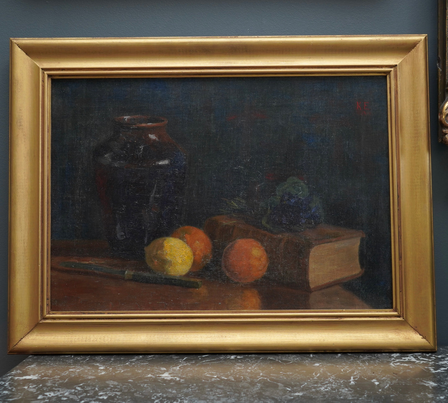 Antique 1905 Oil Painting Still Life with Fruit, Book & Earthenware Jar | Signed K.E.