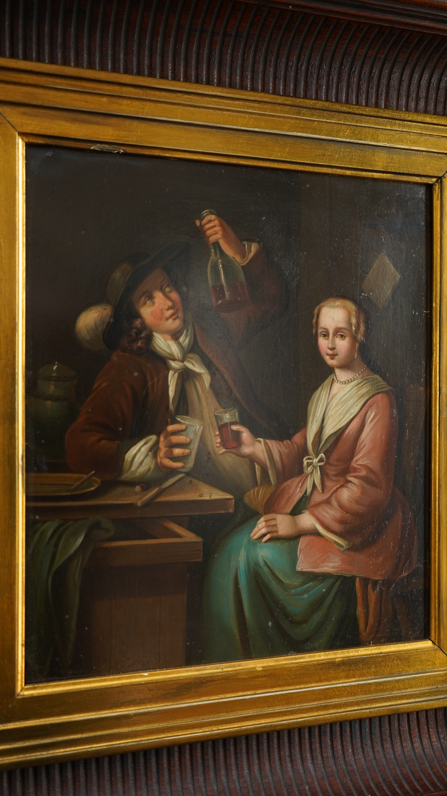 Antique Dutch Tavern Scene Oil Painting on Tin | 19th Century Genre Artwork in Ornate Frame