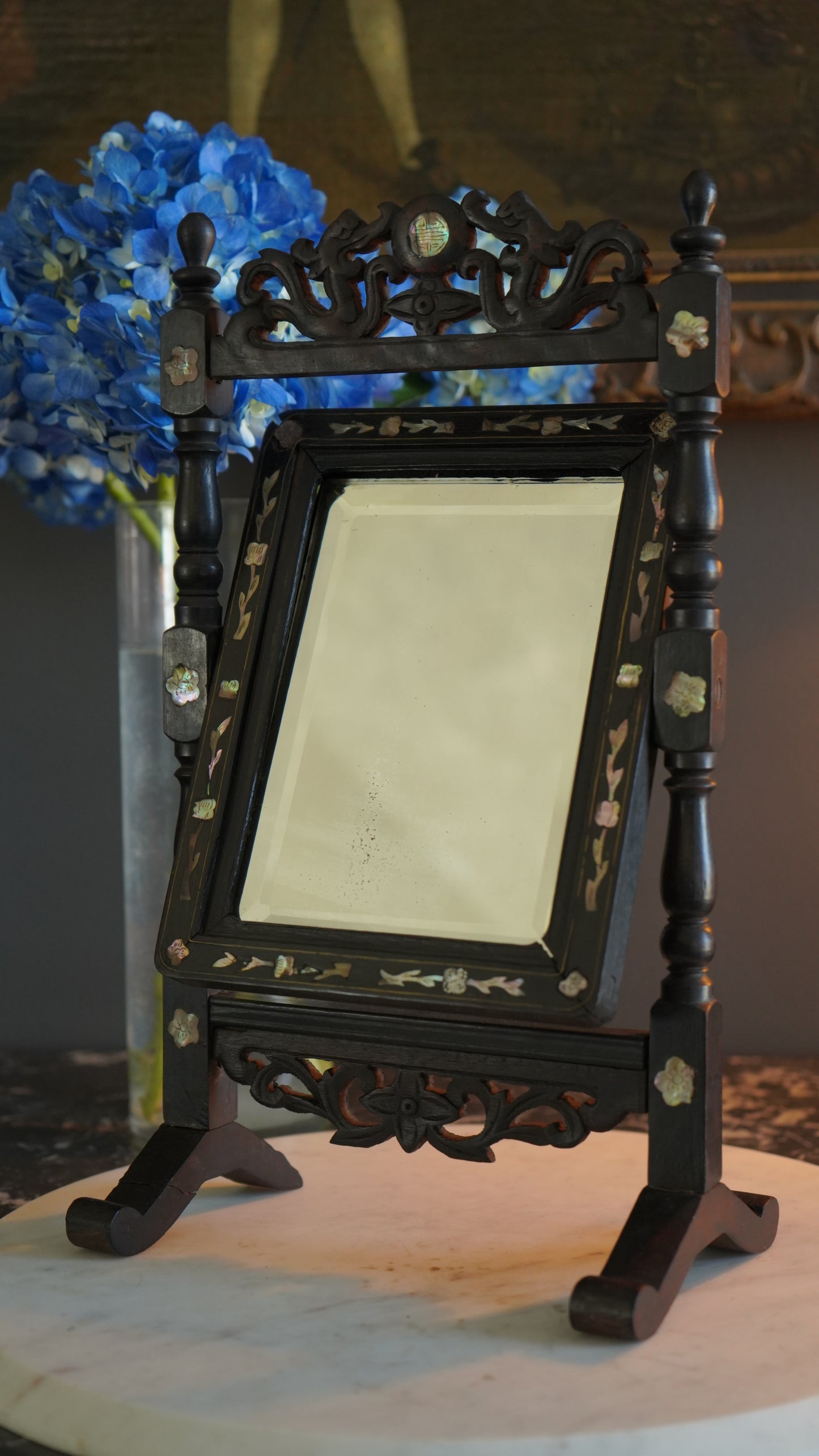 Antique Ebonized Wood & Mother-of-Pearl Vanity Tabletop Mirror