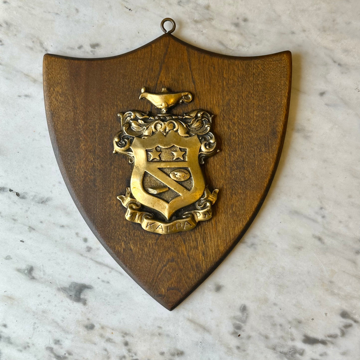 Vintage Kappa Psi Fraternity Brass Crest Plaque on Shield Backing