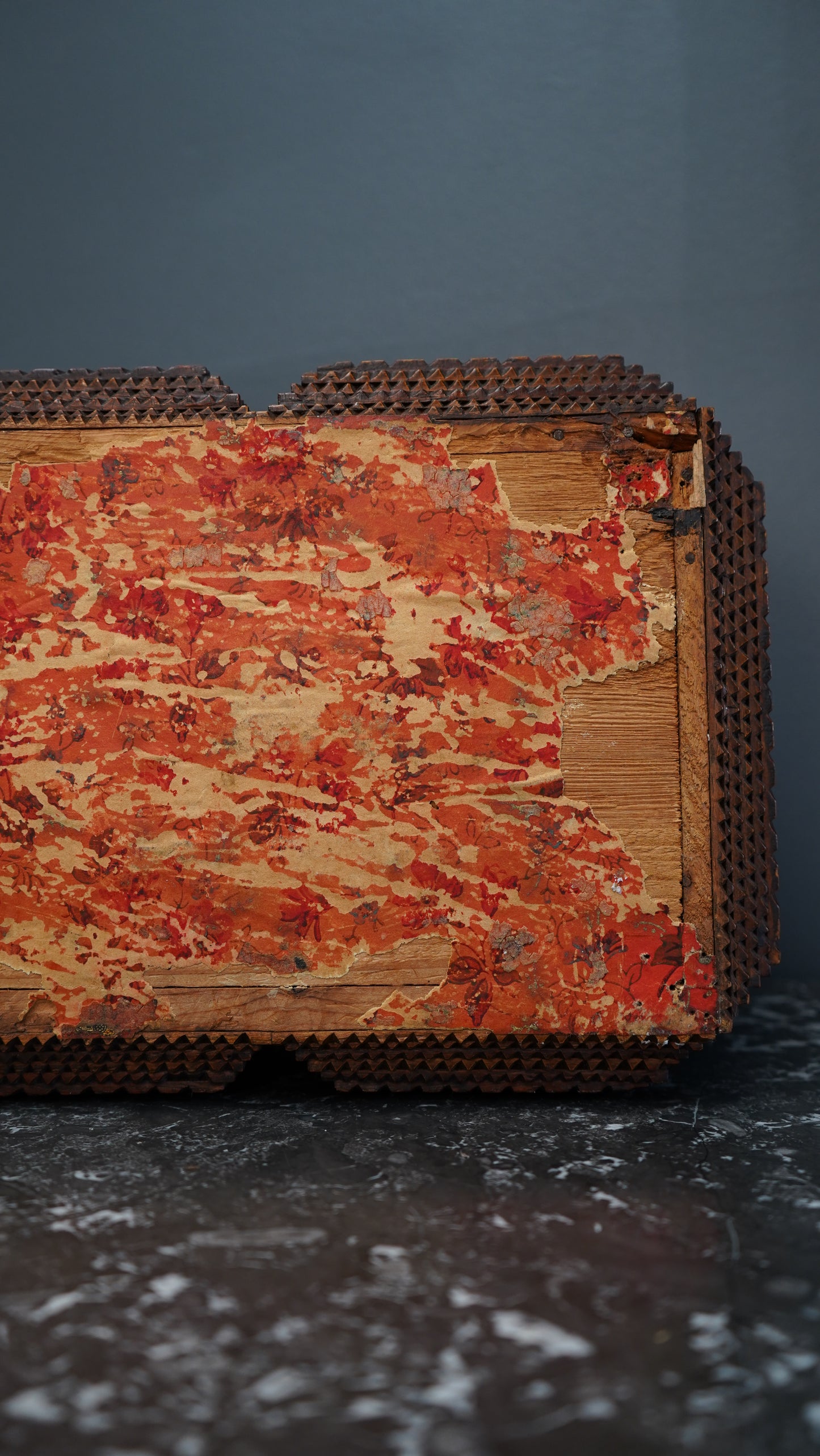 Antique Tramp Art Sewing Box with Drawers and Mirror, Hand-Carved Folk Art Keepsake Chest, Late 19th Century