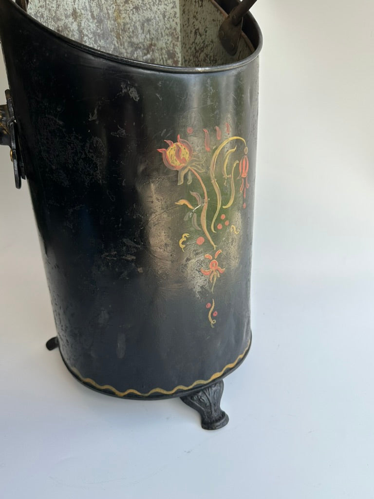 Antique European Hand‑Painted Tole Coal Scuttle | Victorian Fireplace Bucket, c.1880