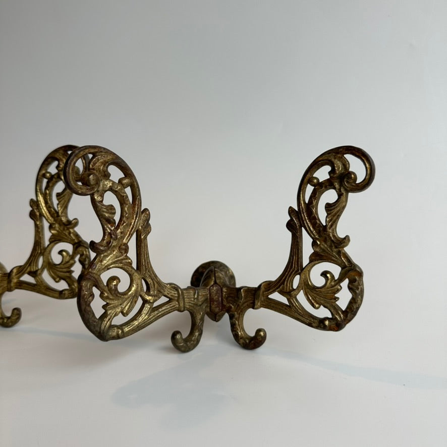Large Antique Late-Victorian Cast-Brass Filigree Double Wall Hooks (Pair)