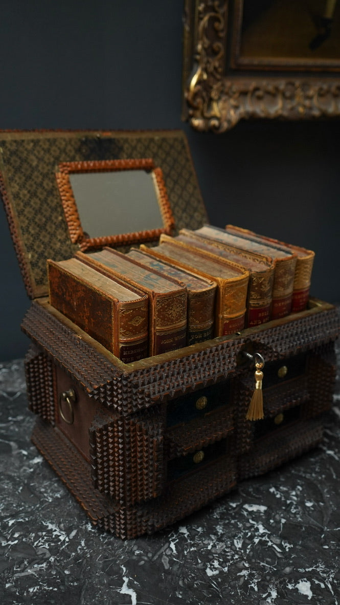 Antique Tramp Art Sewing Box with Drawers and Mirror, Hand-Carved Folk Art Keepsake Chest, Late 19th Century