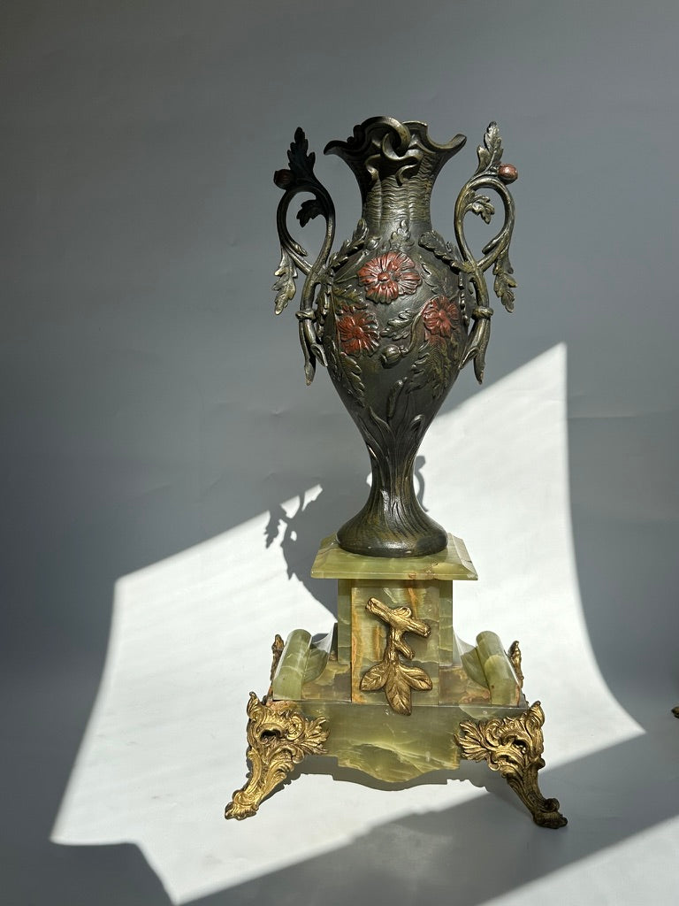 Pair of Antique French Neoclassical Spelter and Onyx Urns with Gilt Brass Accents