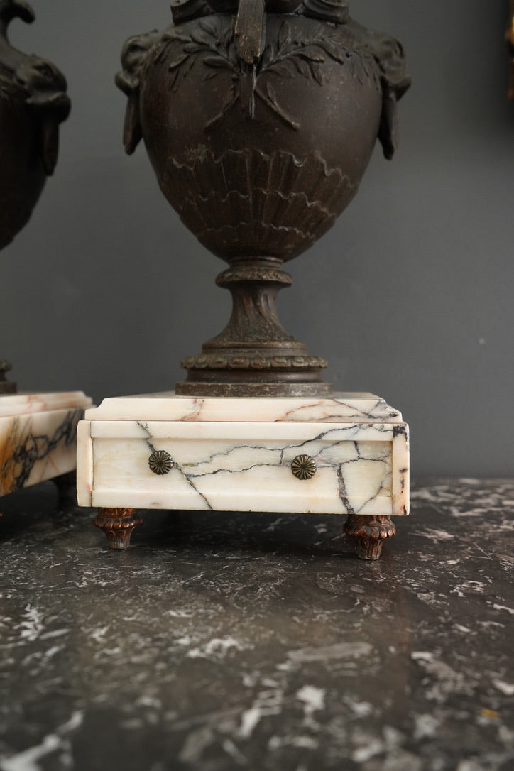 Pair of 19th Century French Napoleon III Style Spelter & Marble Urns