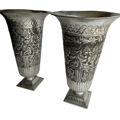 Large Pair of Vintage Silver Plated Repousse Urns