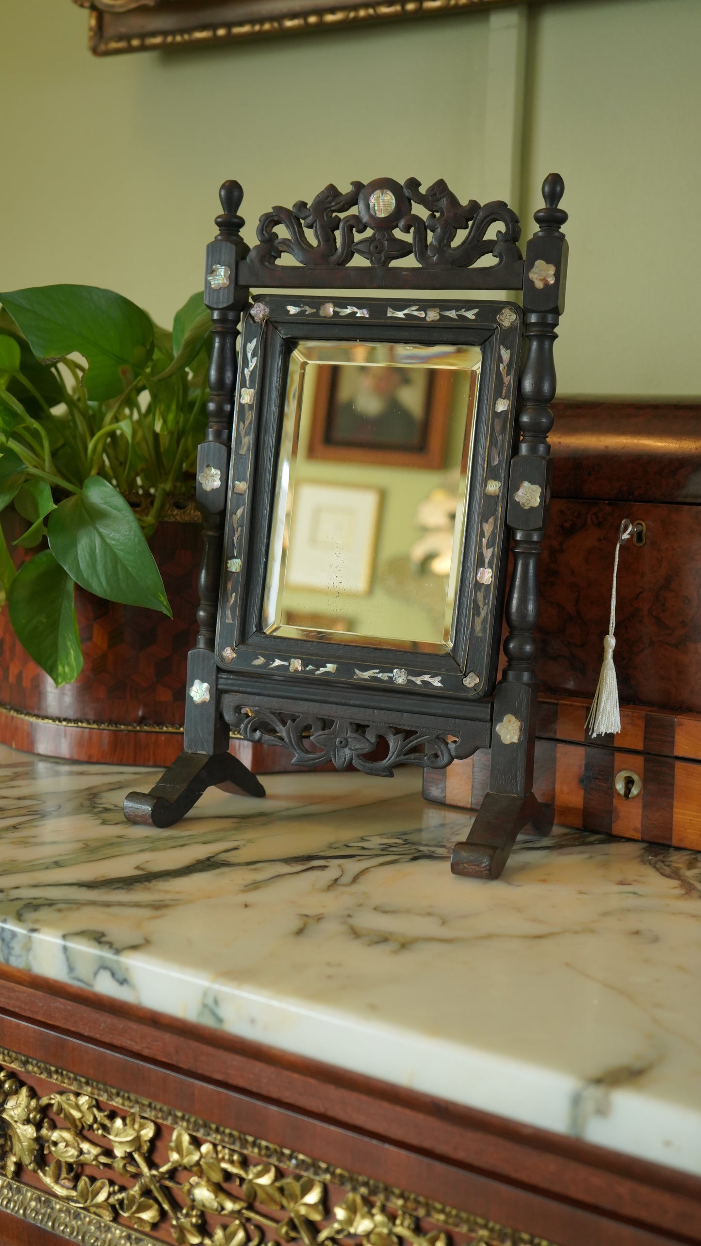 Antique Ebonized Wood & Mother-of-Pearl Vanity Tabletop Mirror