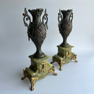 Pair of Antique French Neoclassical Spelter and Onyx Urns with Gilt Brass Accents