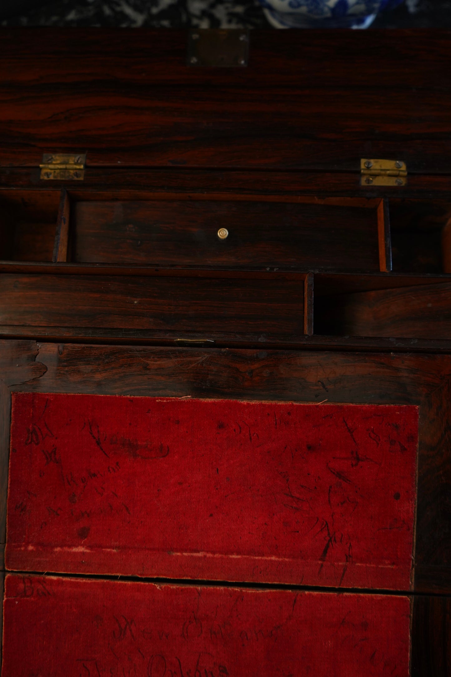 Antique Rosewood Writing Slope with Velvet Writing Surface and Inscriptions, Mid-19th Century