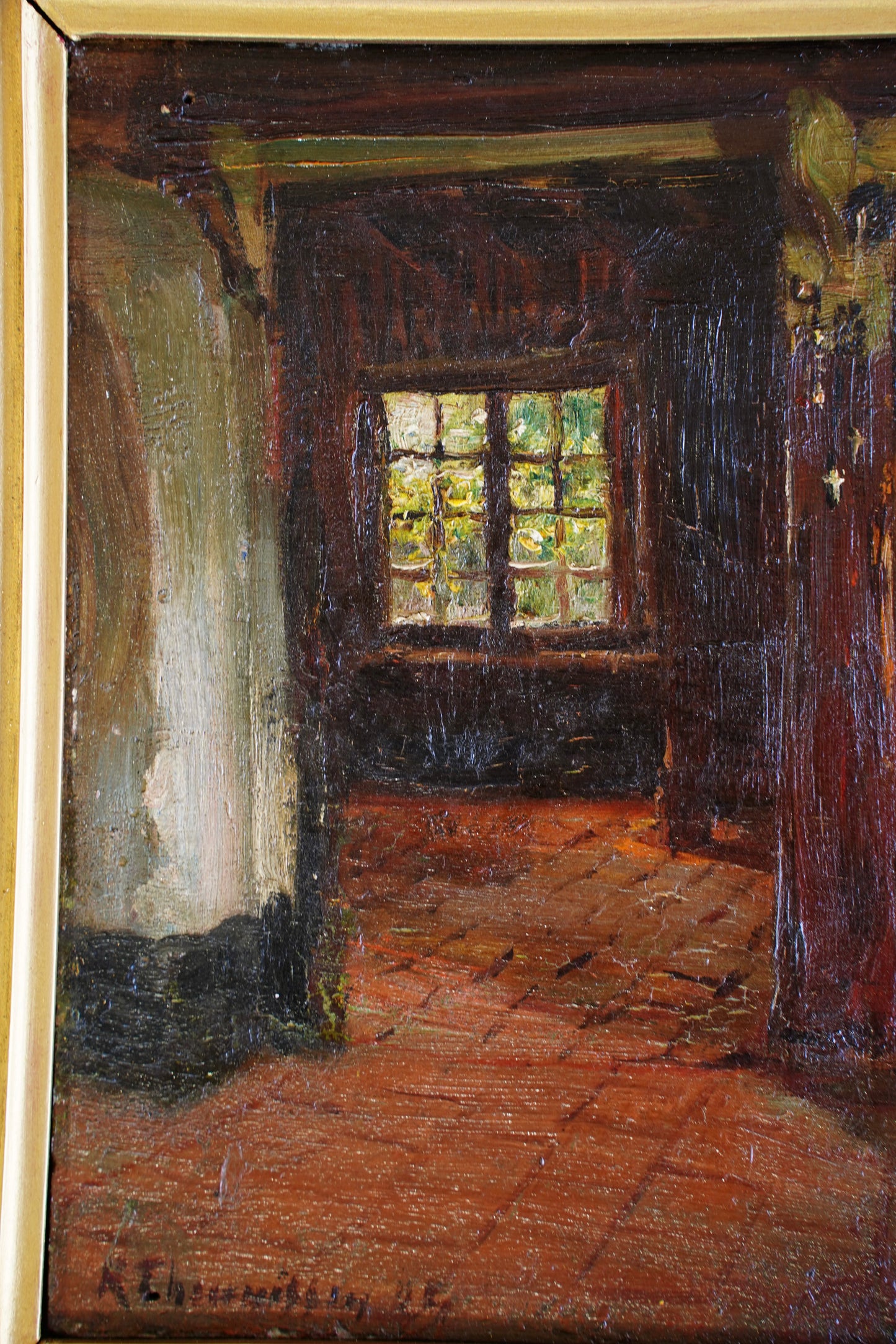 Antique Belgian Interior Oil Painting, Signed