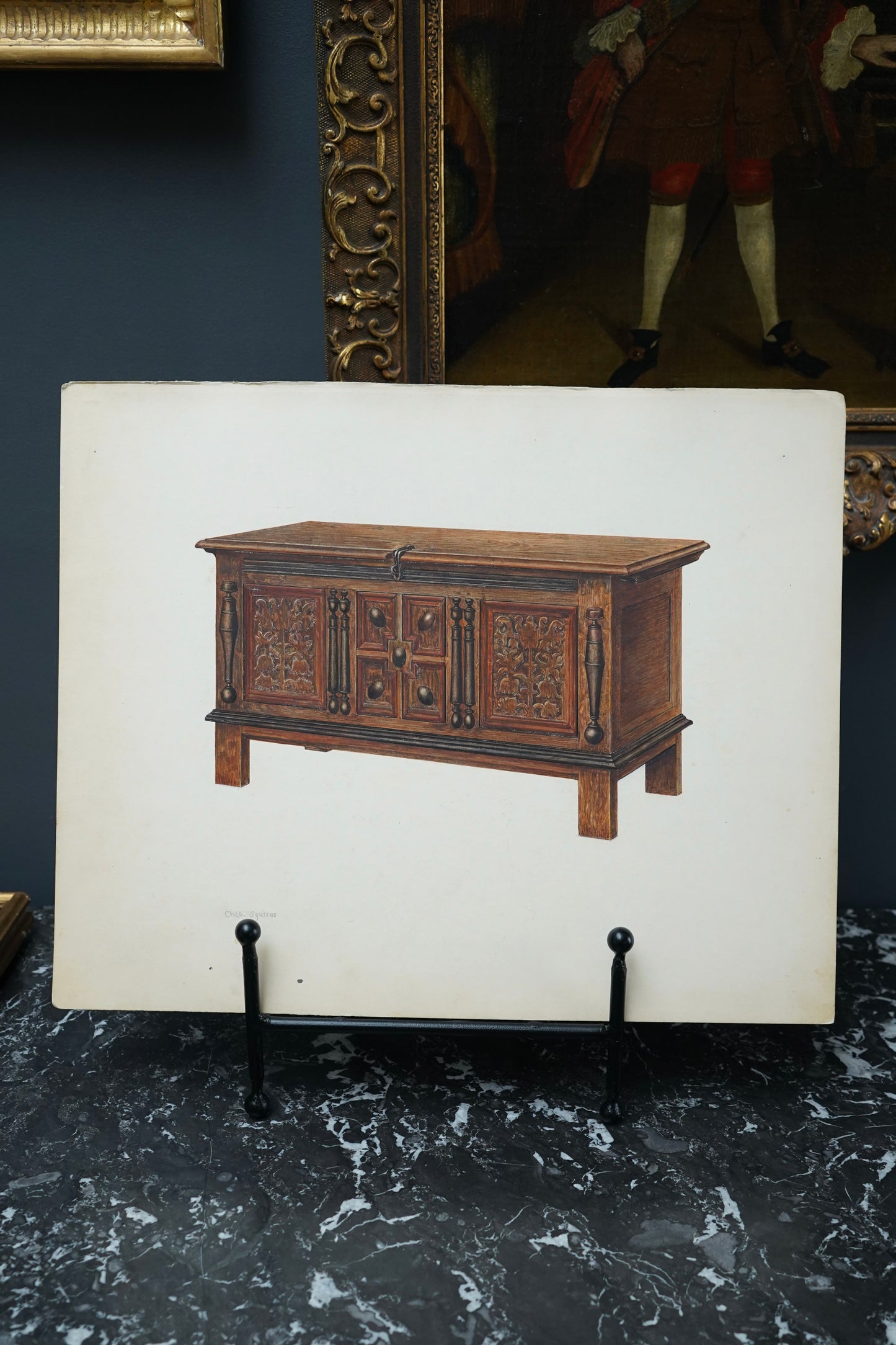 Antique Furniture Illustration – Colored Pencil Rendering of a Jacobean Oak Chest by Chas. Squires, c.