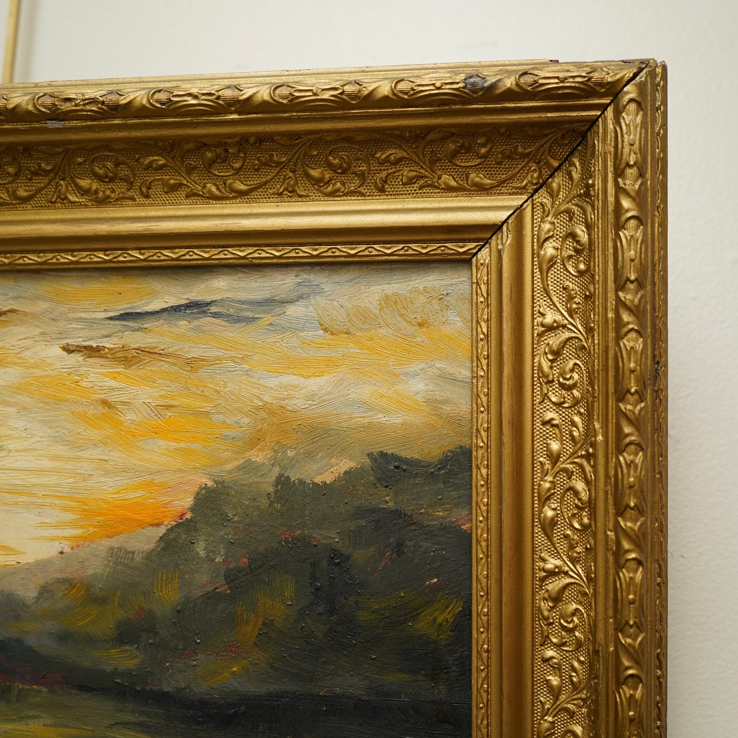 Early 20th Century Impressionist Oil Painting | Sunset Over River Valley in Gilt Frame