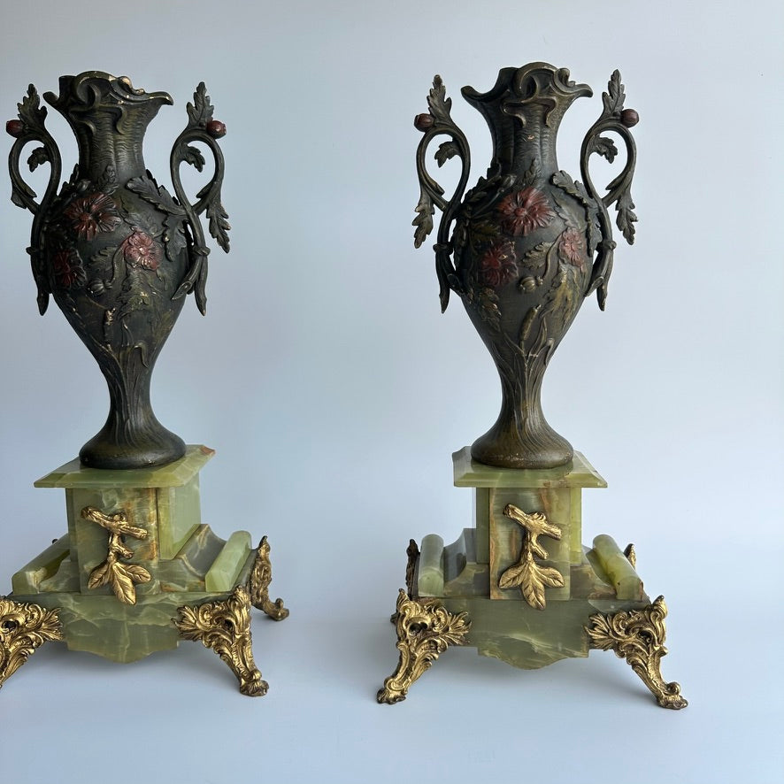 Pair of Antique French Neoclassical Spelter and Onyx Urns with Gilt Brass Accents