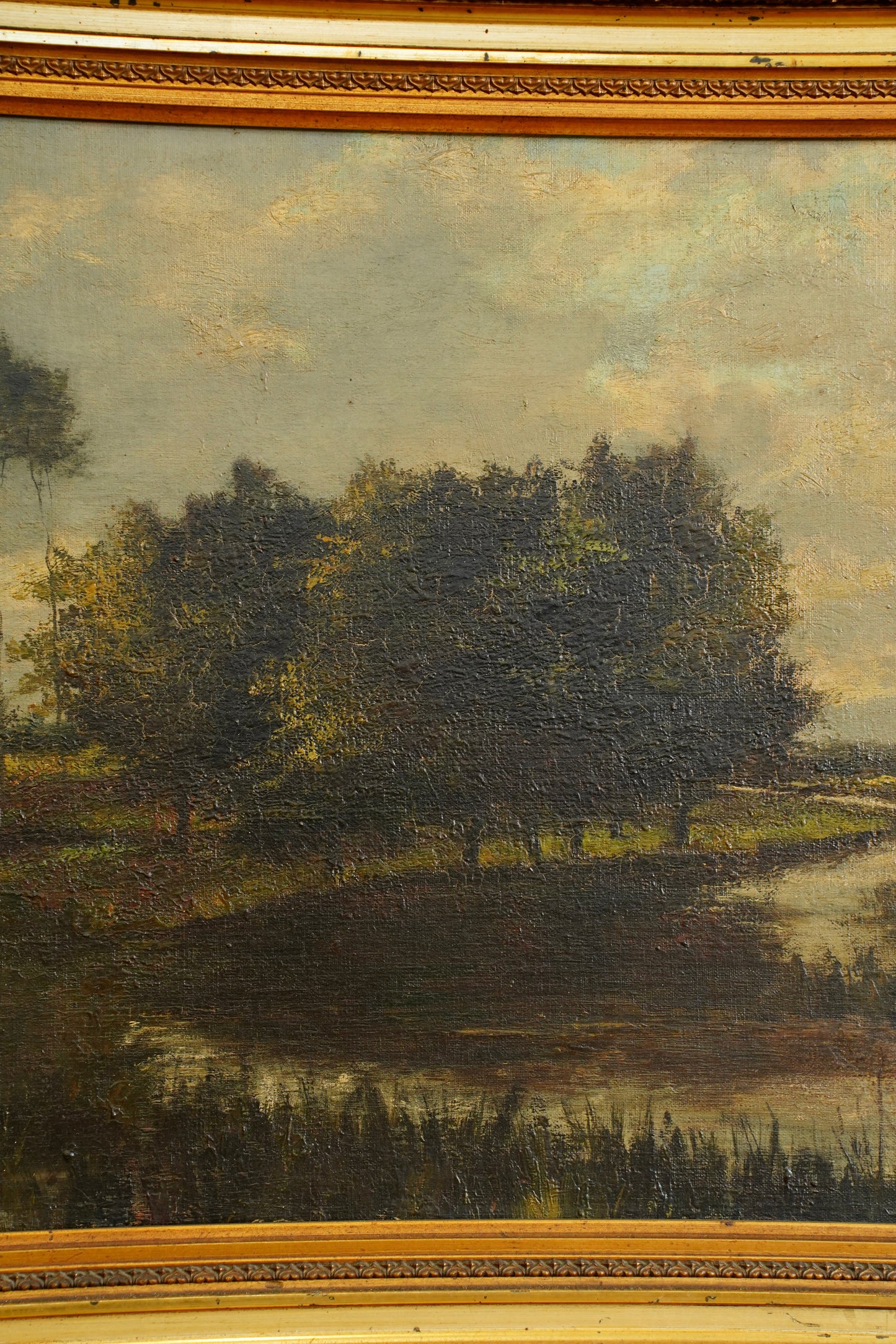 Antique European Moody River Landscape Oil Painting