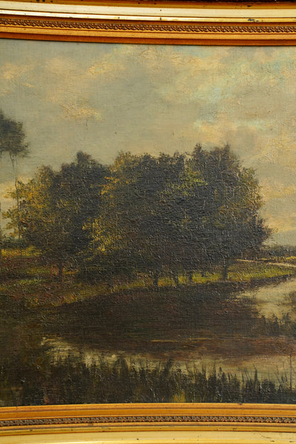Antique European Moody River Landscape Oil Painting