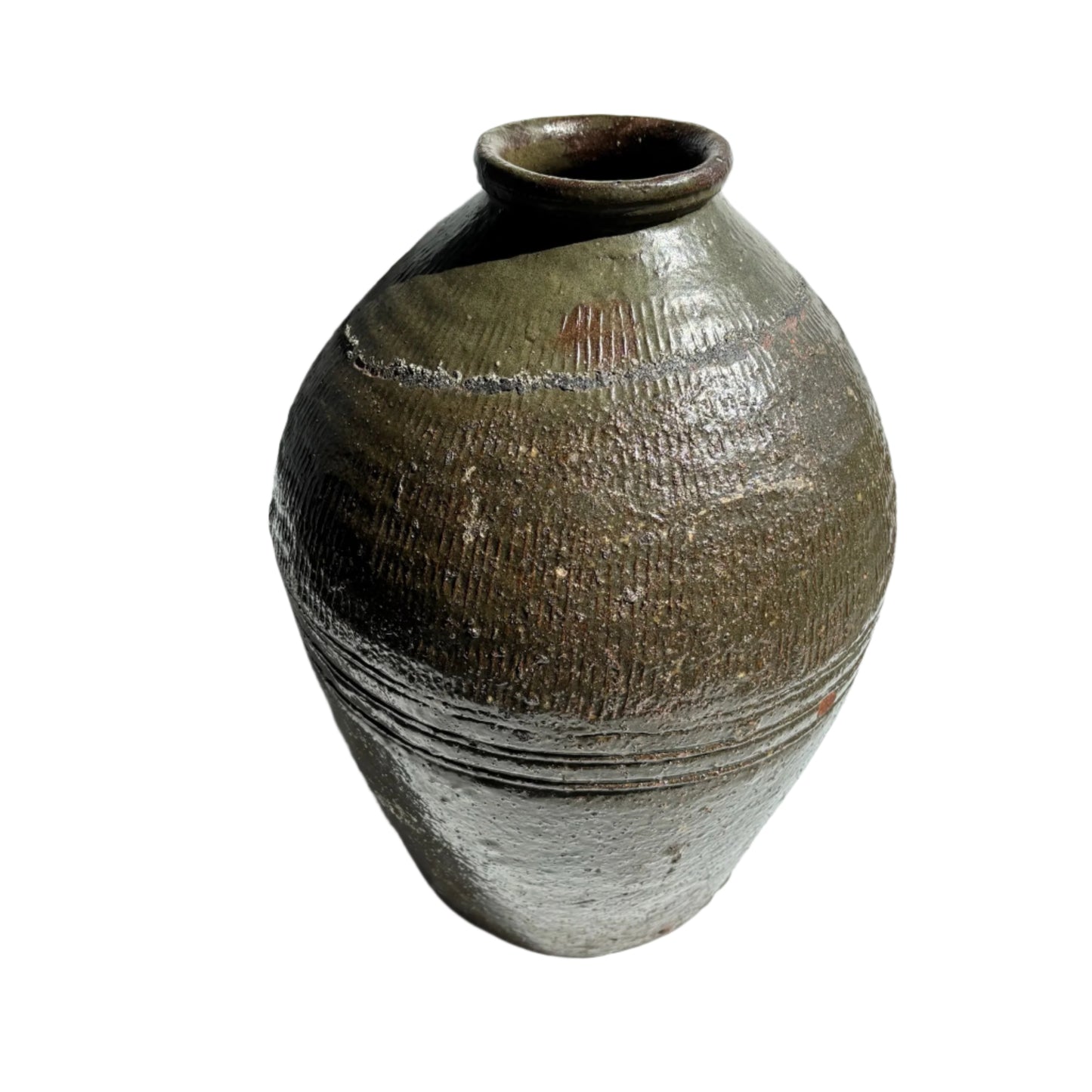 Vintage Chinese Stoneware Oil Jar with Ash Glaze, Rustic Pottery Vessel, 14.25 Inches