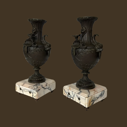 Pair of 19th Century French Napoleon III Style Spelter & Marble Urns