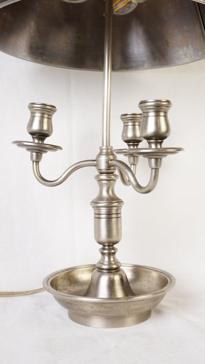 French Bouillotte Style Pewter-Toned Table Lamp with Adjustable Black Tole Shade