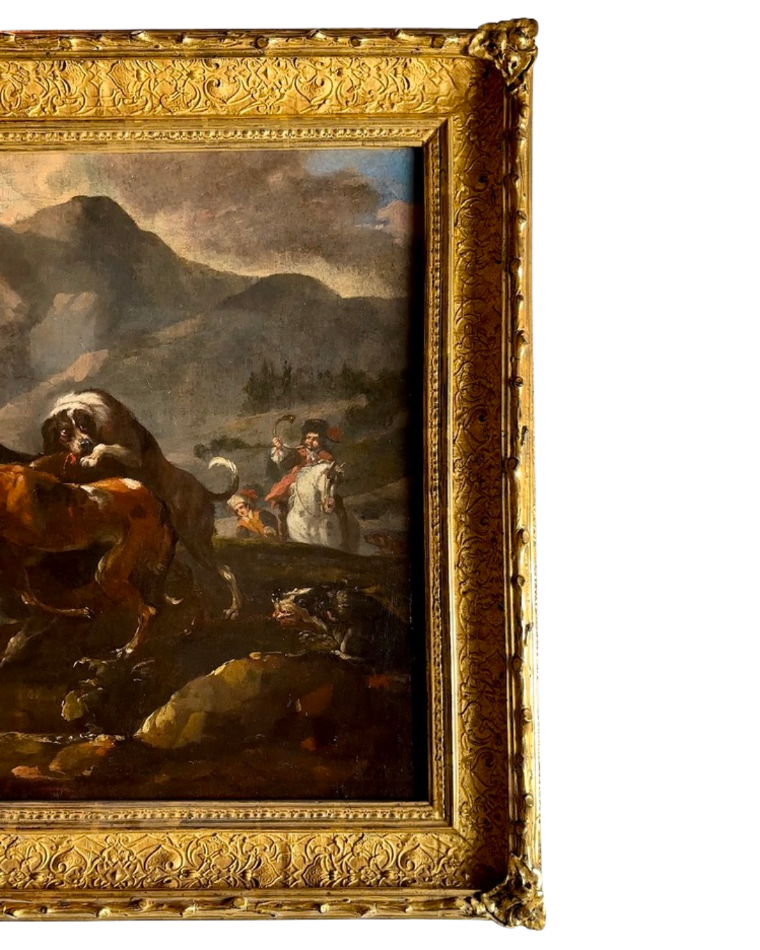 “Hounds Hunting Stag” – 18th Century French Oil Painting Attributed to the Fontainebleau Tradition