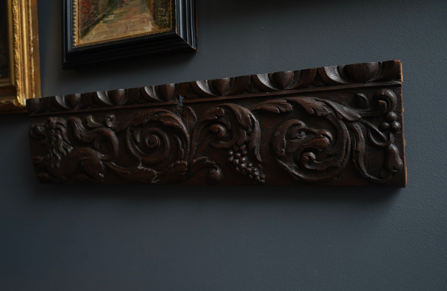 Antique Carved Oak Drawer Front | Renaissance Revival Lion, Grapevine & Acanthus | Architectural Salvage Wall Plaque c.1870–1900