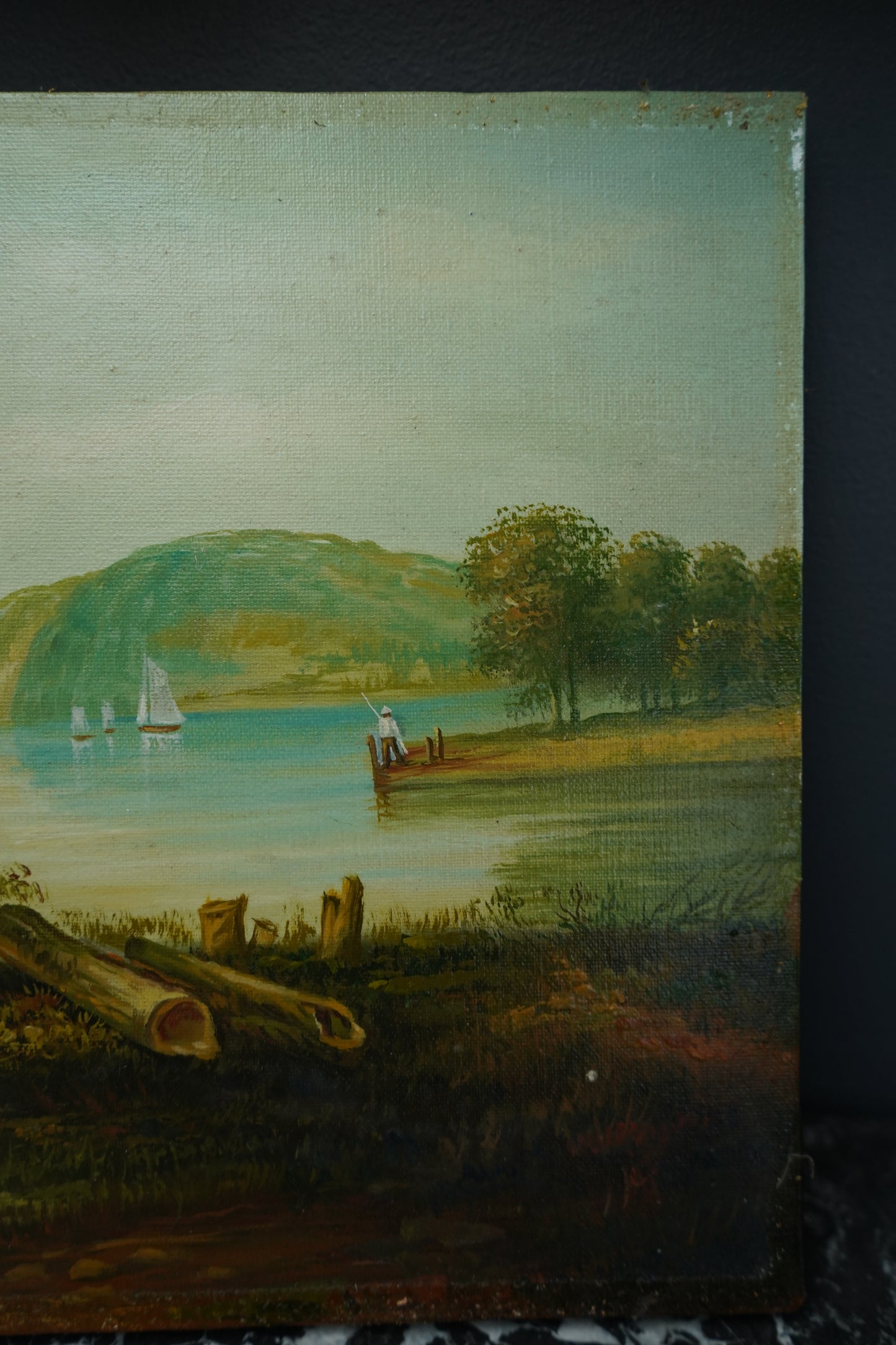 Vintage Hudson River School Style Oil on Canvas Landscape with Sailboats, Mid 20th Century Unframed