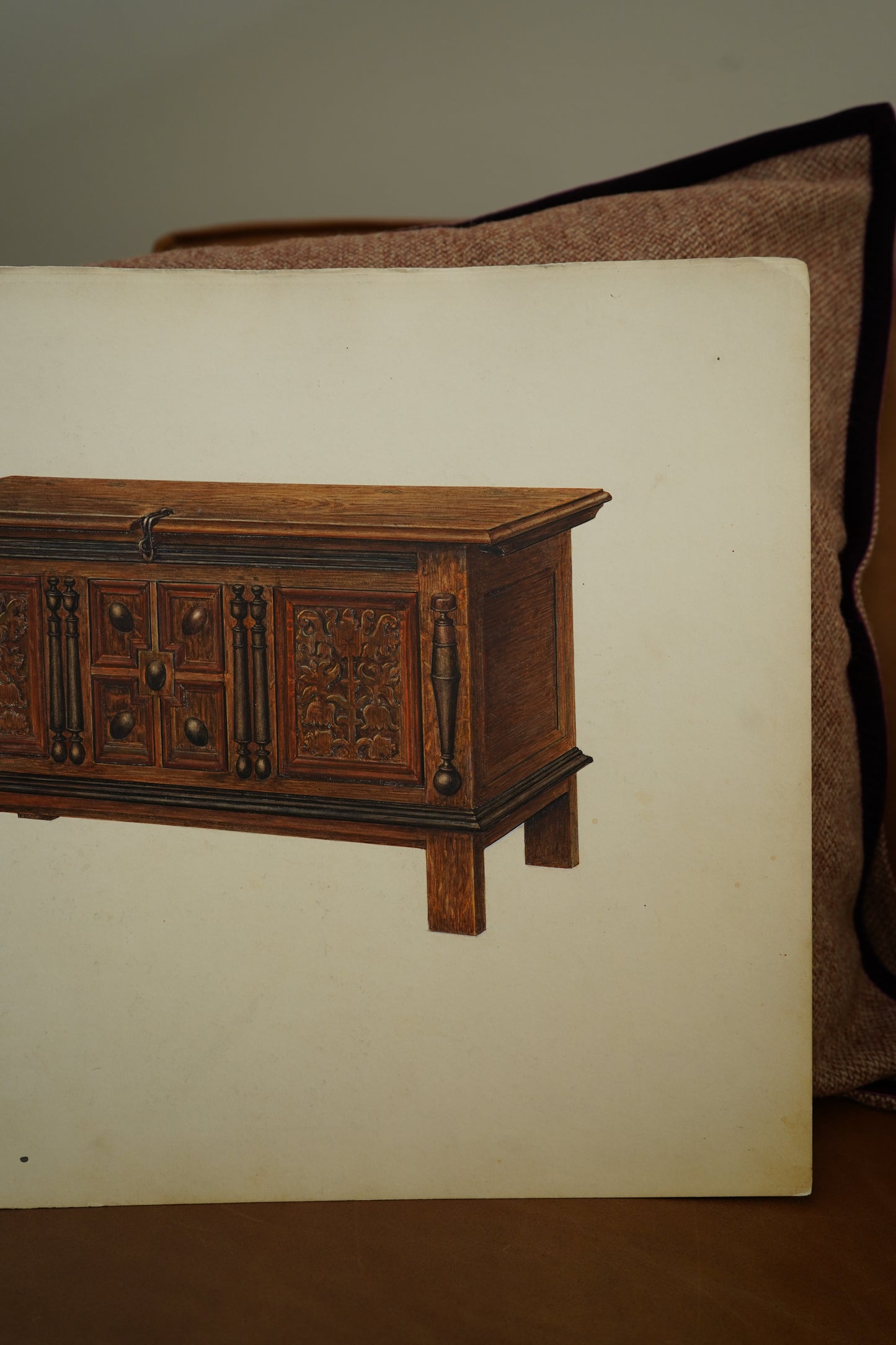 Antique Furniture Illustration – Colored Pencil Rendering of a Jacobean Oak Chest by Chas. Squires, c.
