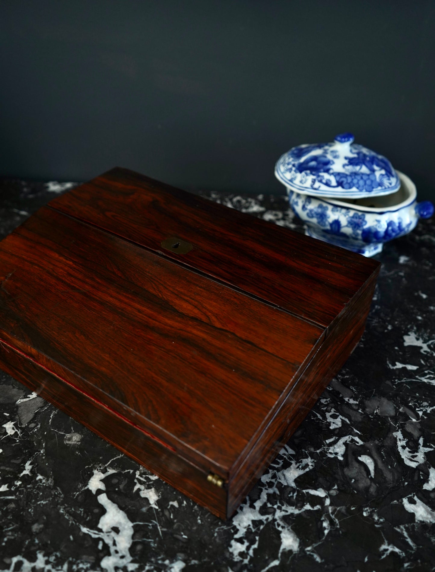 Antique Rosewood Writing Slope with Velvet Writing Surface and Inscriptions, Mid-19th Century