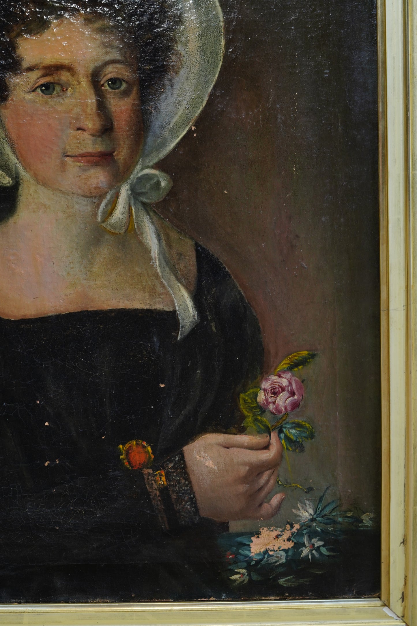 Antique French Bonnet Portrait Painting of a Woman Holding a Rose