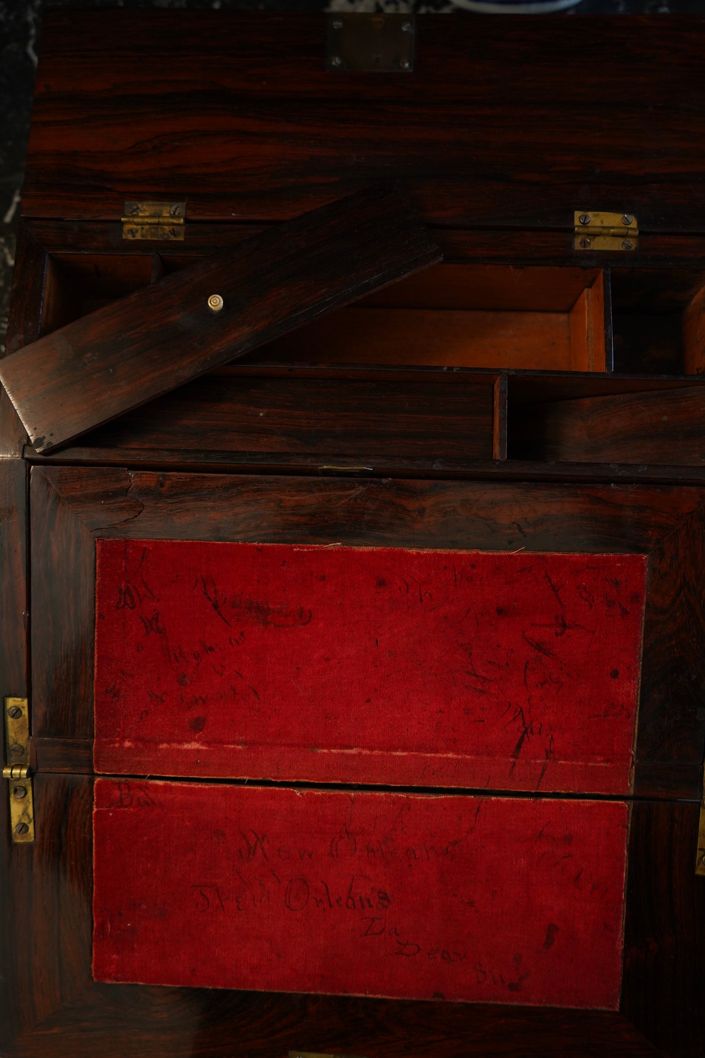 Antique Rosewood Writing Slope with Velvet Writing Surface and Inscriptions, Mid-19th Century