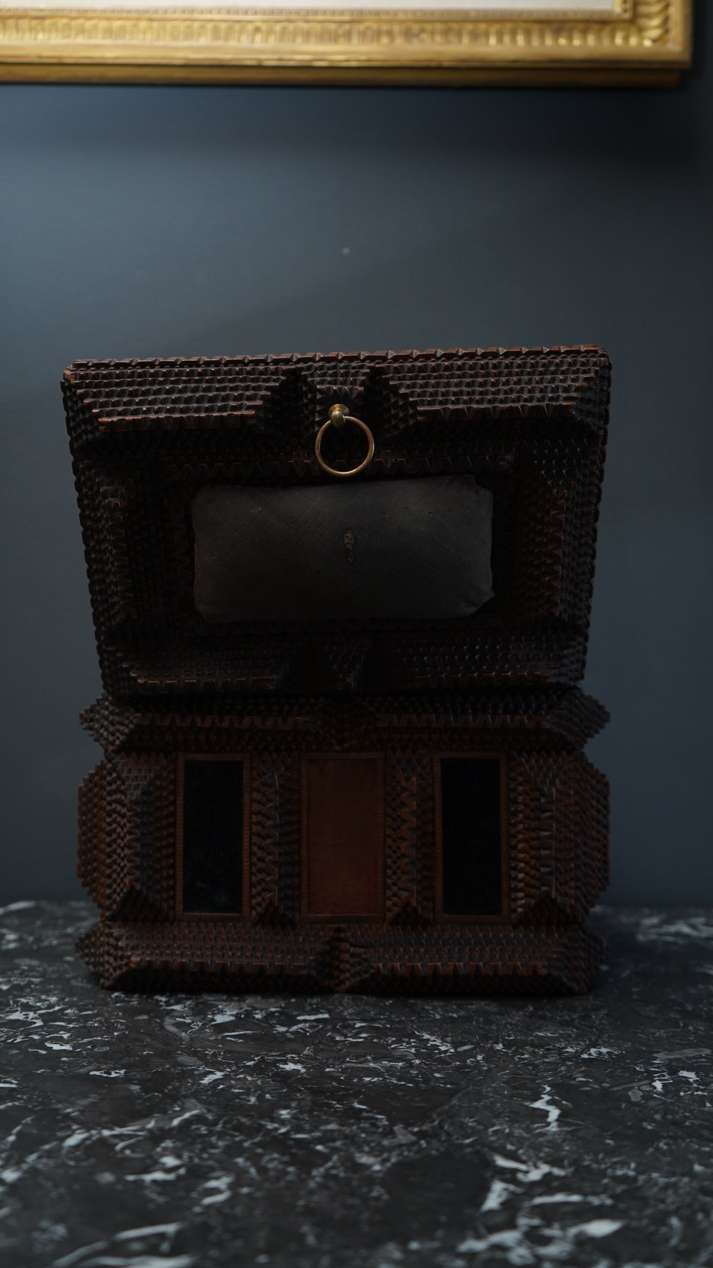 Antique Tramp Art Sewing Box with Drawers and Mirror, Hand-Carved Folk Art Keepsake Chest, Late 19th Century
