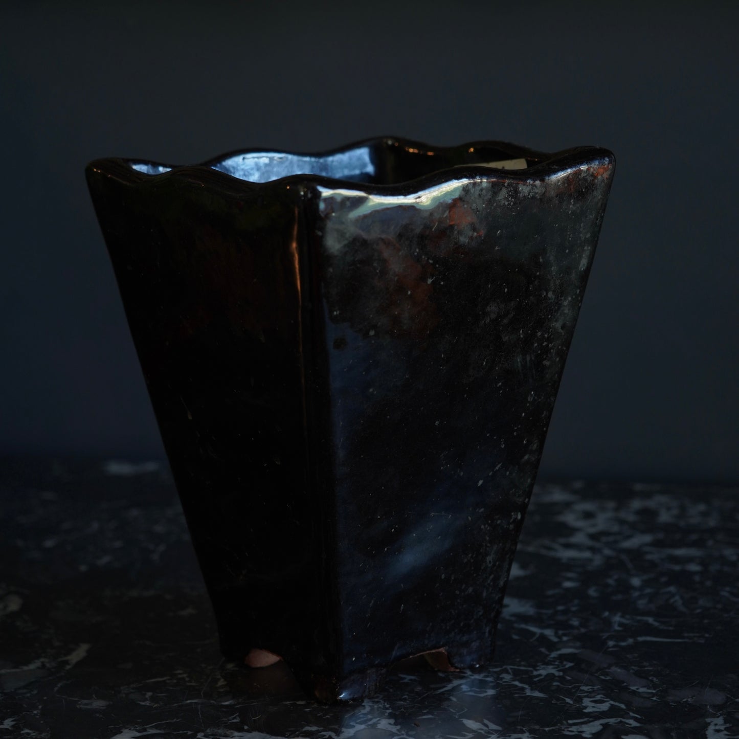 Mid-Century Japanese Black Tenmoku Glazed Terracotta Bonsai Pot | Wabi-Sabi Folk Craft Planter (8.75")