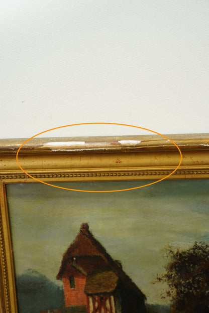 Antique European Oil Painting Cottage Landscape, Normandy Style