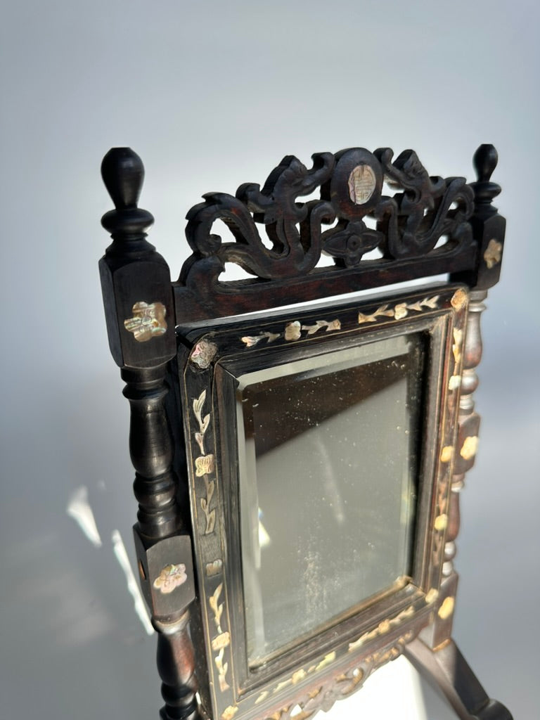 Antique Ebonized Wood & Mother-of-Pearl Vanity Tabletop Mirror